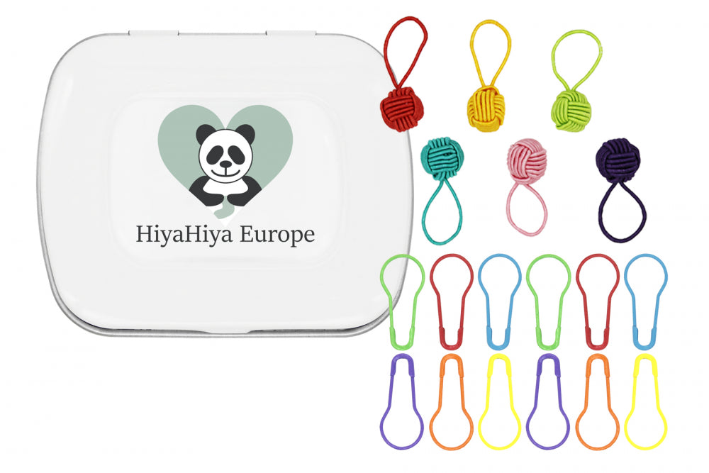 HiyaHiya Notion Tin with Coloured Yarn Ball Stitch Markers and Knitter's Safety Pins