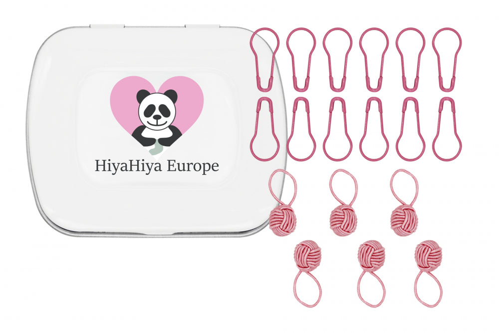 HiyaHiya Notion Tin with Pink Yarn Ball Stitch Markers and Knitter's Safety Pins